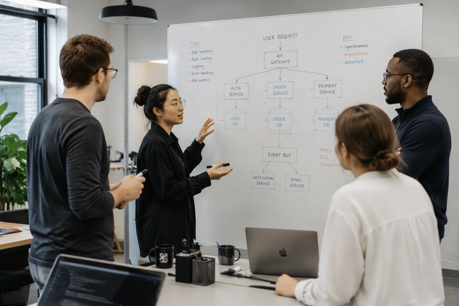 Development team sprint planning session around whiteboard in bright tech workspace