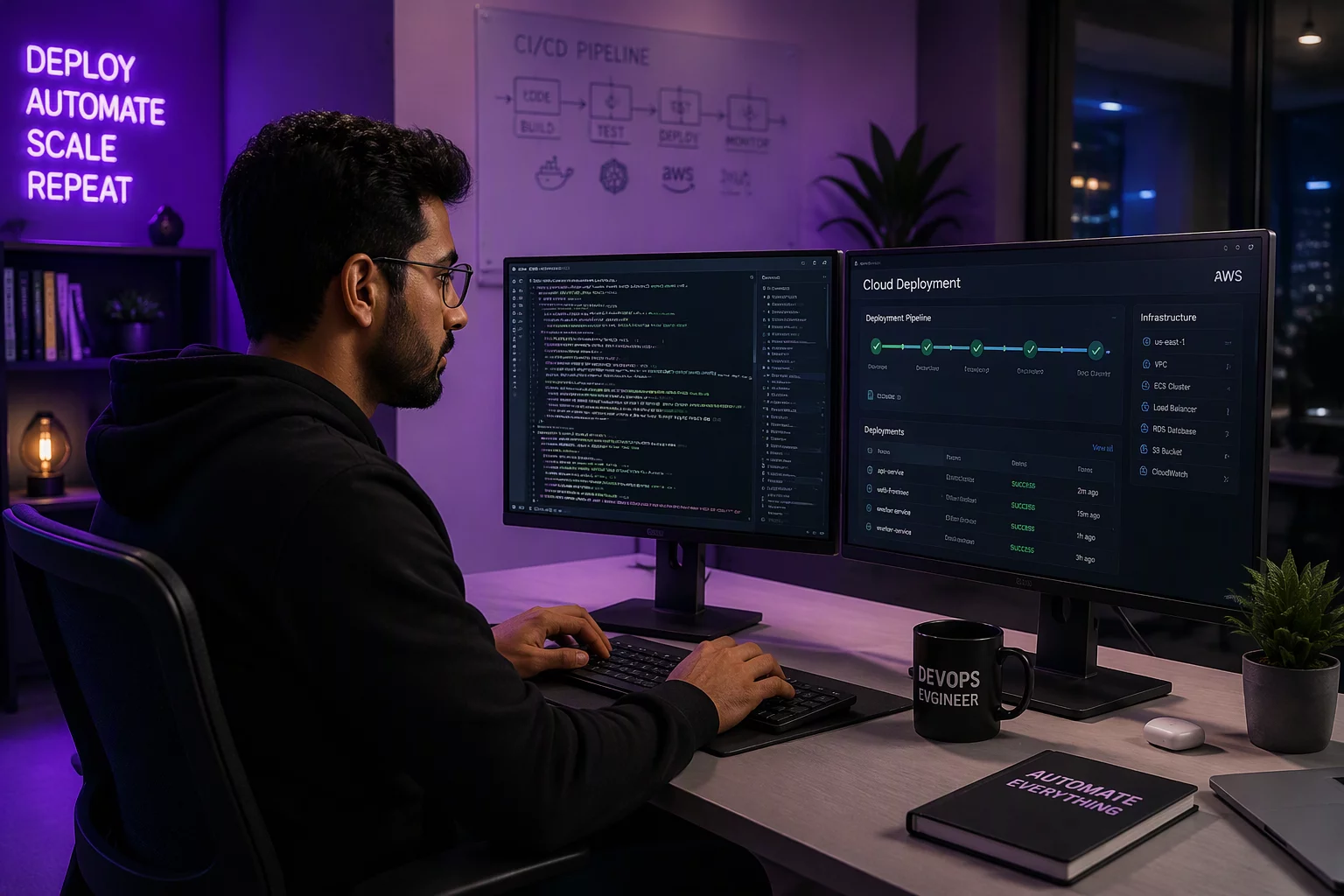 DevOps engineer configuring secure cloud environments at standing workstation
