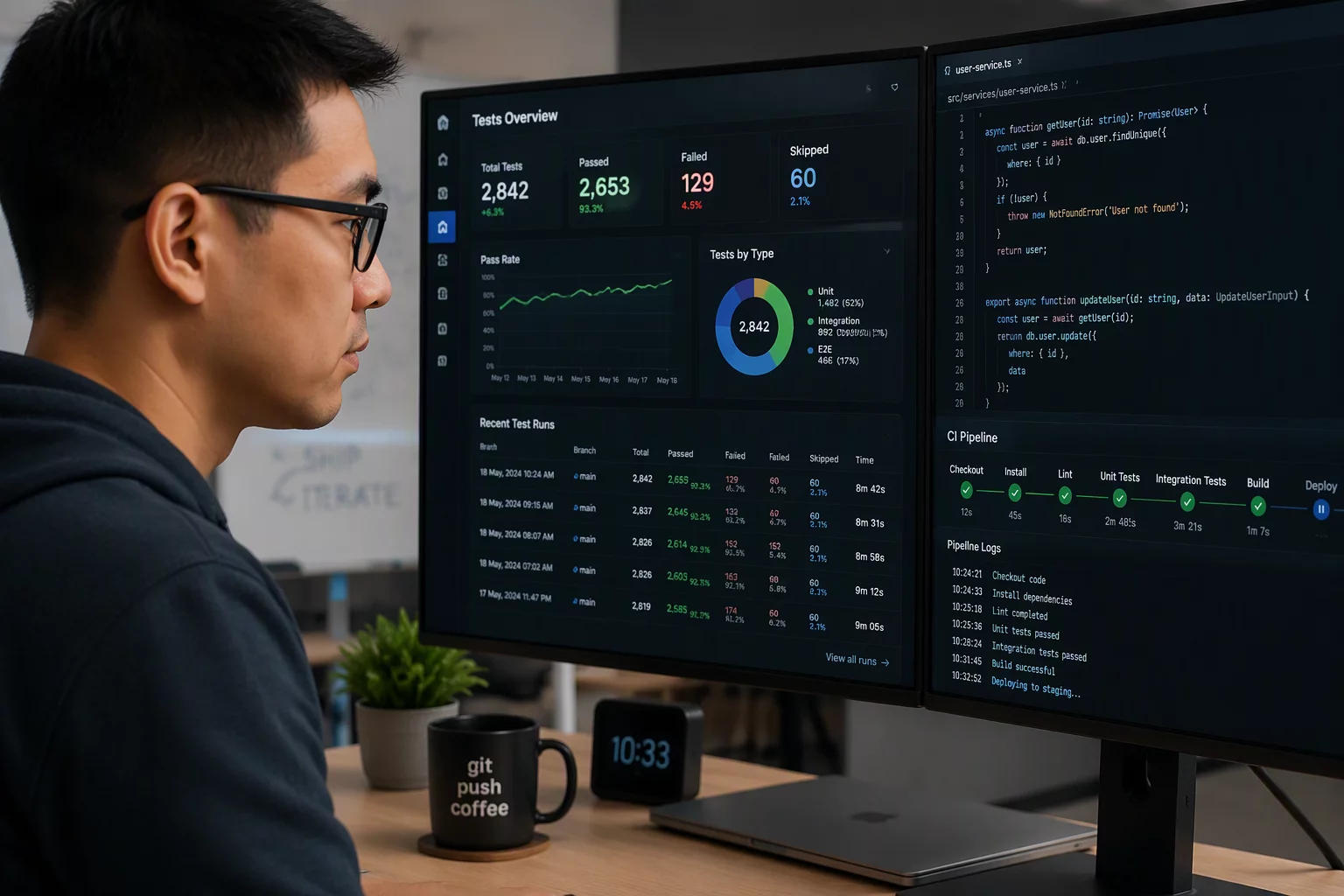 Engineer inspecting automated pipeline test telemetry on dual monitors