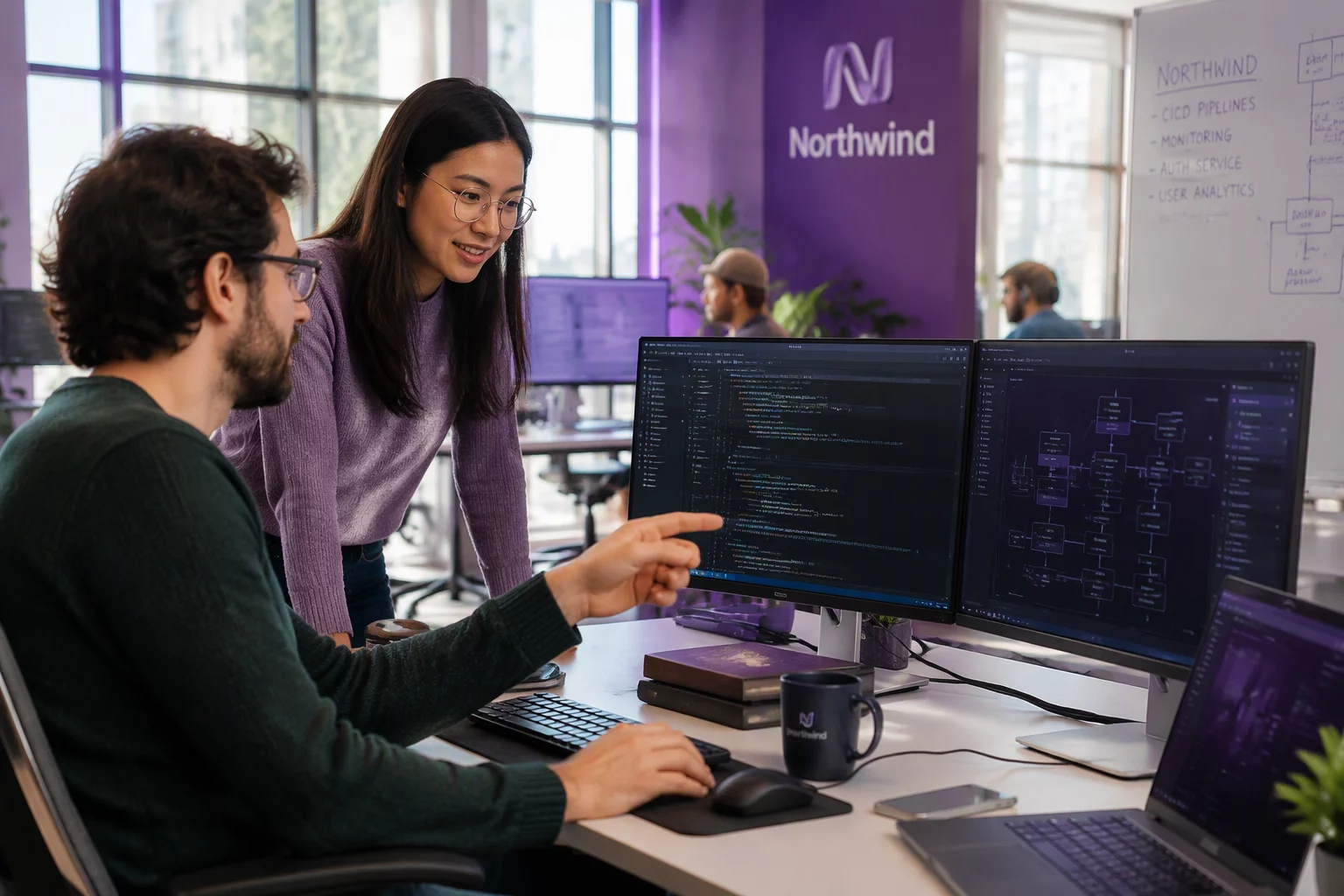 Software engineering team reviewing code in a modern collaborative office space